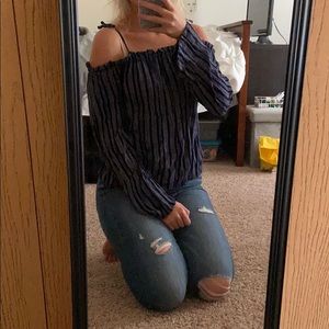 Off the shoulder navy long sleeve top.